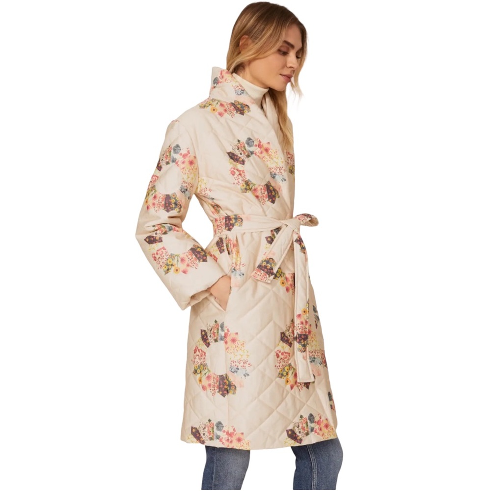 Samantha Sipos Quilted Sunburst Coat Long Trench Robe Shawl Neck Women’s Medium - Picture 12 of 13